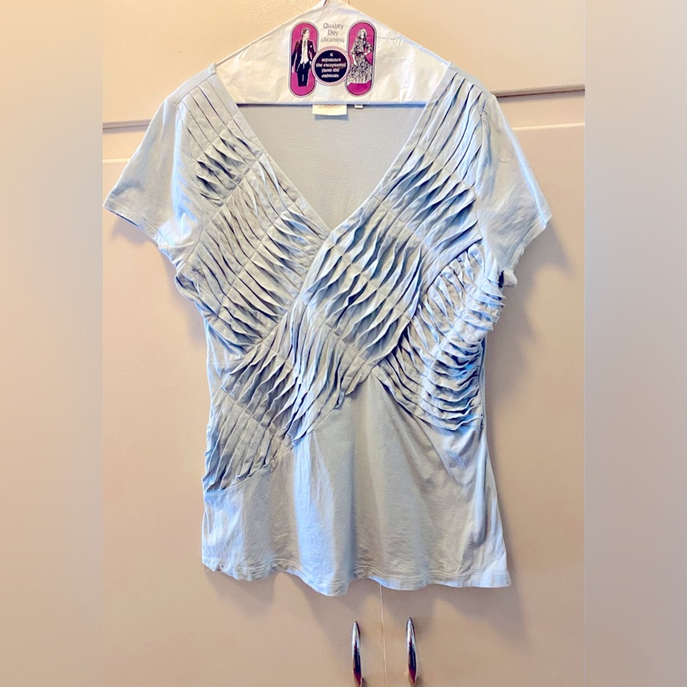 Deletta Anthropologie Blue Asymmetrical Ruffled Light Blue Top Size L